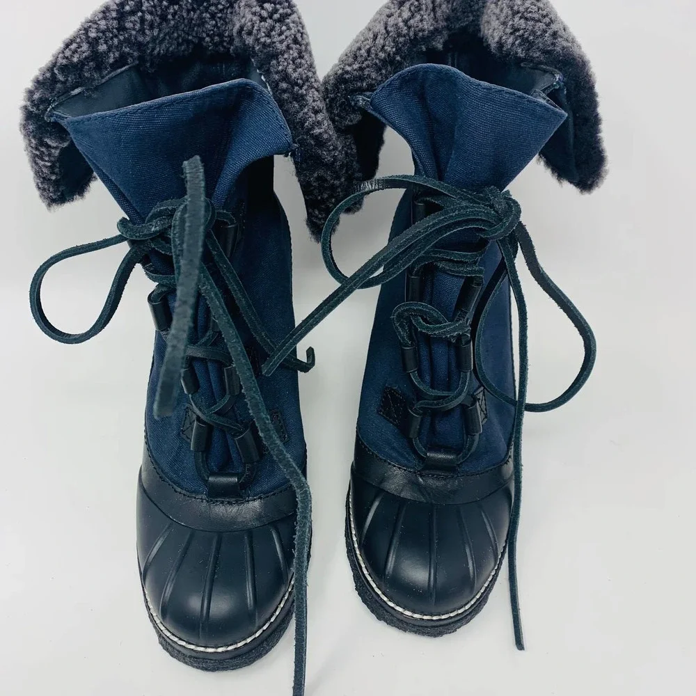 TORY BURCH Fairfax Shearling-Lined Wedge Boot, Black/Washed Navy, size 7 - Picture 2 of 12